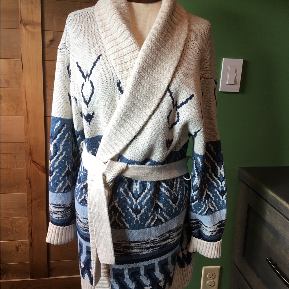 Lucky Brand Tribal Aztec Longline Open Cardigan Shawl Collar with Belt Boho - Picture 2 of 6